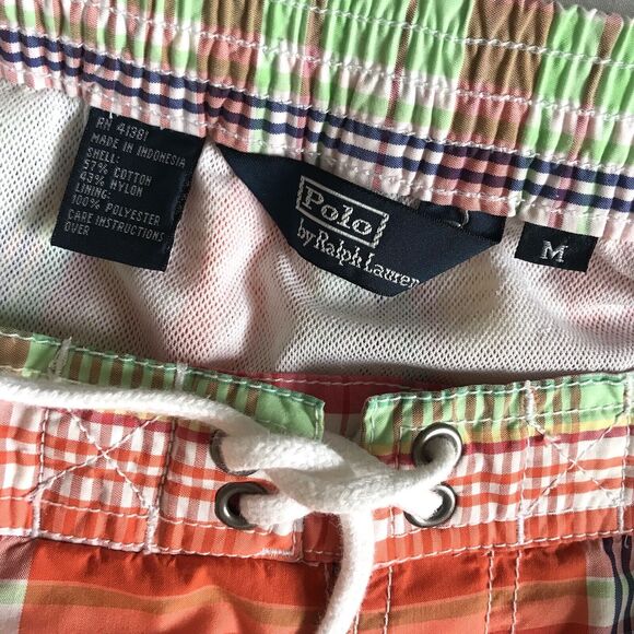 Vintage 90s Polo Ralph Lauren Swim Trunks Men M 32 Orange Plaid Pocket Net Liner - Picture 3 of 12